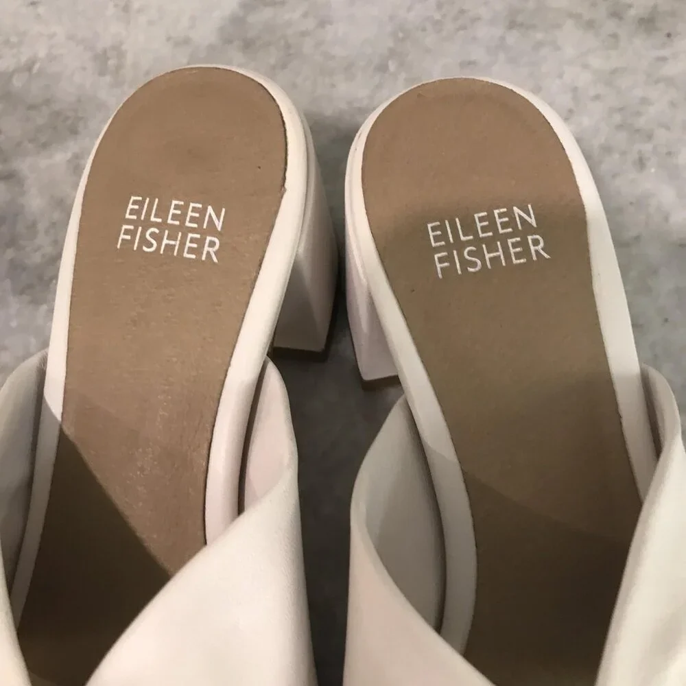 Eileen Fisher Sandals Womens Size 6 White Knot Slide Block Heel Mule Open Toe